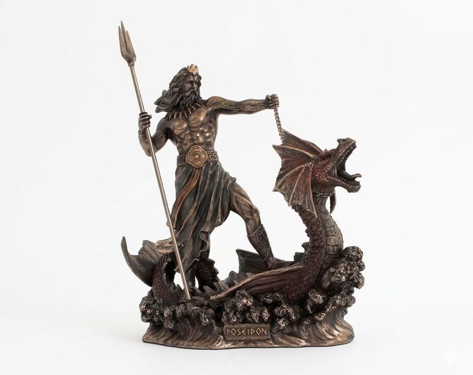 Classical sculpture of Poseidon-Neptune God of the Sea, 24 cm (9.44 inches) in bronzed resin marble, handcrafted, made in Italy