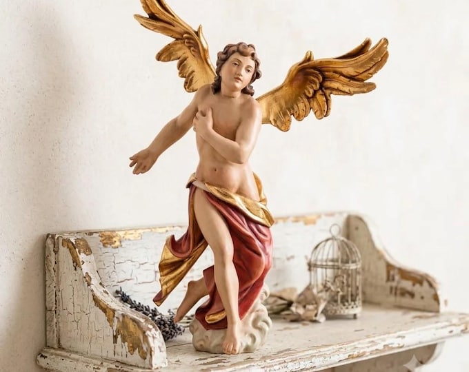 Neapolitan-style freestanding angel sculpture, carved from Valgardena wood and hand-decorated, made in Italy, available in various sizes.