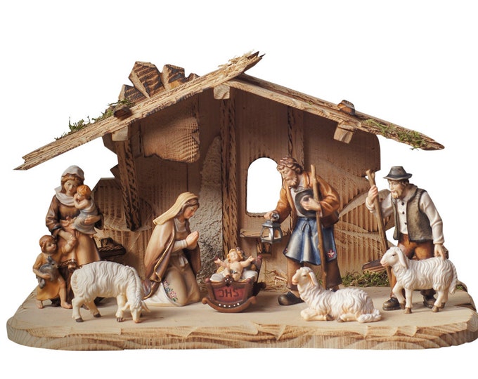 Nativity scene carved in Valgardena wood and decorated by hand, 9 pieces with hut, various sizes available, Italian handicraft production