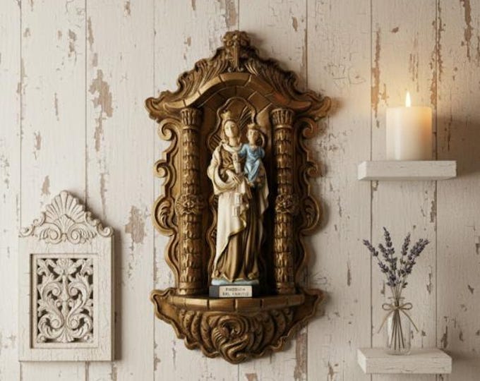 Oratory cm 44 x 26 (17.32 x 10.23 inches) to hang, in marble resin, with statue of Madonna del Carmine cm 23 (9.05 inches) handcrafted