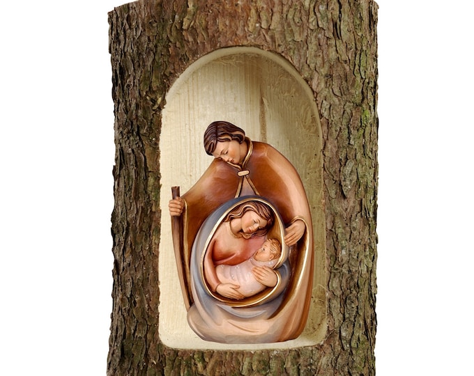 Nativity scene carved in Valgardena wood and decorated by hand, in tree trunk, Italian artisan production
