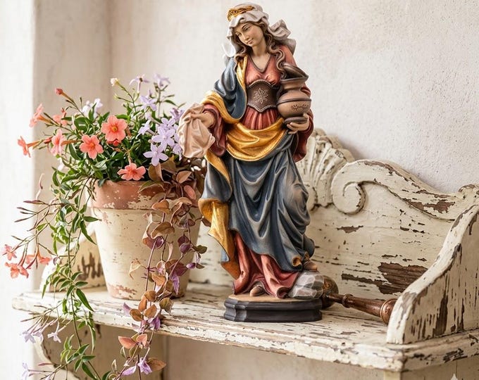 Statue of Saint Magdalene carved from Valgardena wood and hand-decorated, handcrafted in Italy.
