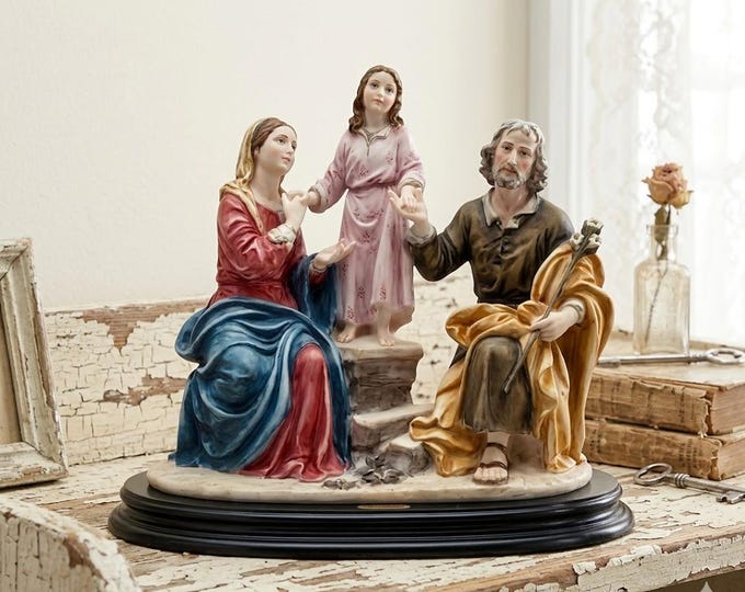 Statue of the Holy Family by Murillo, 35 cm (13.77 inches), made of alabaster powder, with a wooden base, hand-decorated, made in Italy