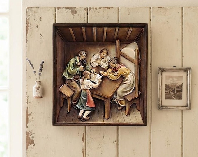 Bas-relief sculpture "Winter", carved in Valgardena wood, hand-decorated, Italian artisan production