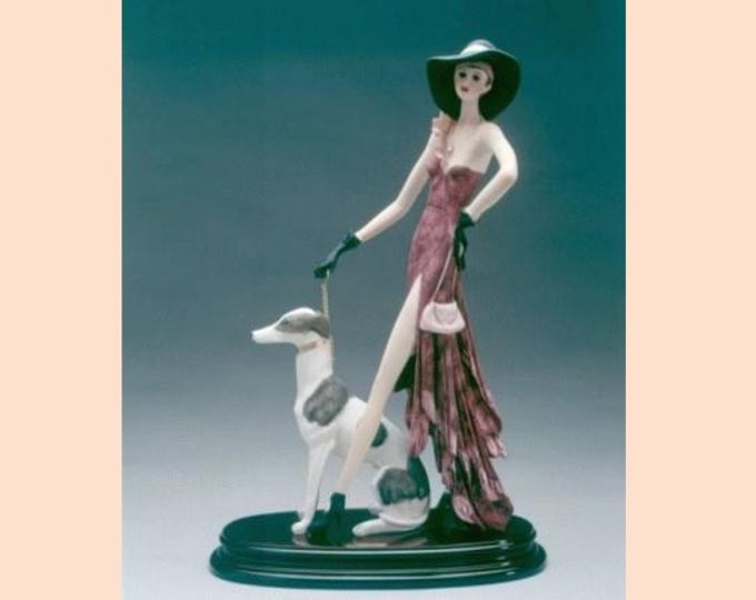Liberty Style Sculpture Lady with Greyhound cm 43 x 28 (16.9 x 11 inch) in alabaster powder, wooden base, hand painted, made in Italy