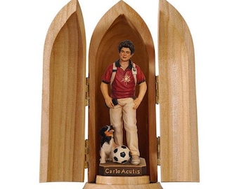 Statue of San Carlo Acutis 11 cm (4.33 inch) with niche, carved in Valgardena wood, hand-decorated, Italian artisan production