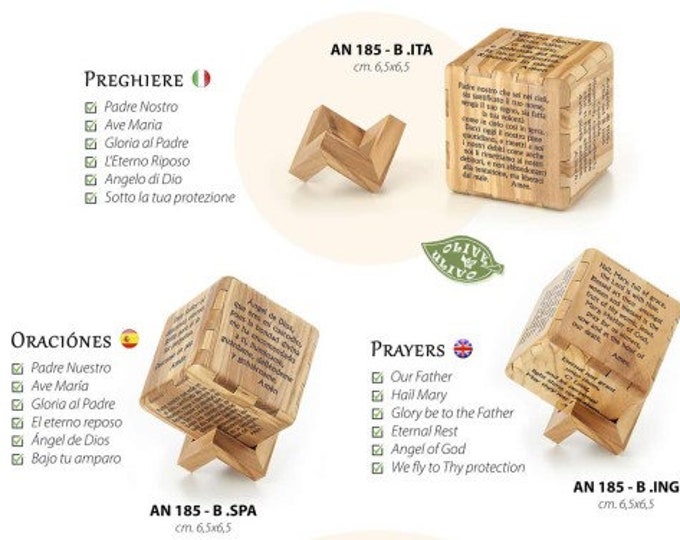 Cube with prayers in olive wood, cm 6,5 (2,55 inches) with support base, Italian handicraft production