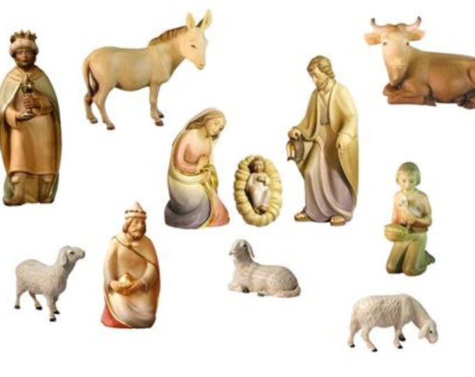 Complete nativity scene 13 pieces carved in Valgardena wood, decorated by hand, various sizes, Italian artisan production