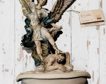 Holy water stoup with Saint Michael the Archangel, 38 cm (14.96 inches), made of alabaster powder, hand-decorated, made in Italy