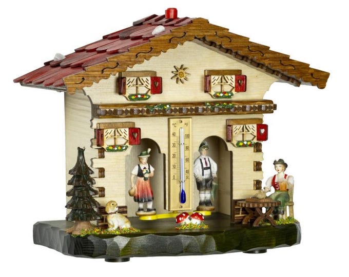 Alpine house barometer in carved wood from Valgardena, 18.5 cm (7.28 inch), handcrafted in Italy