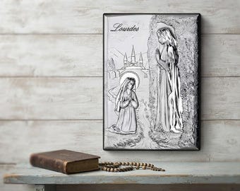 Wooden painting with silver plaque of Our Lady of Lourdes with Bernadette, various sizes available, handcrafted in Italy