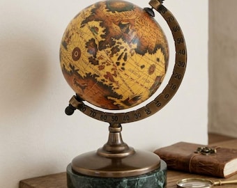 World Map, Antique Map Globe with Marble Base, Height 17 cm (6.69 inch), Handcrafted, Made in Italy