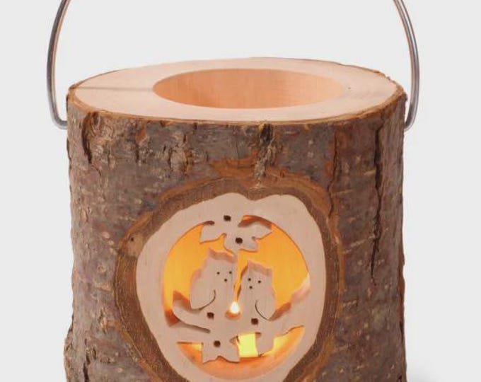 Candle holder lantern with owls, 13 cm (5.11 inches) carved in Valgardena wood, artistic carving, Italian artisan production
