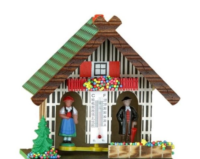 Alpine chalet weather house with thermometer and folkloristic figures 13 cm (5.12 inches) of Italian artisanal production