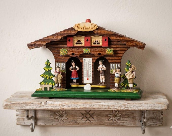 Alpine Weather Station with carved wooden band Val Gardena 9 cm (3.54 inch) of Italian artisan production