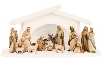 Complete nativity scene 15 pieces (without stable) carved in Valgardena wood, hand-decorated, various sizes, Italian artisan production