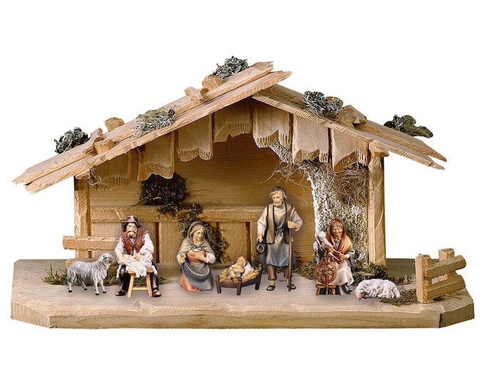 Nativity scene carved in wood from Valgardena and decorated by hand, 9 pieces with hut, various sizes available, Italian handicraft production