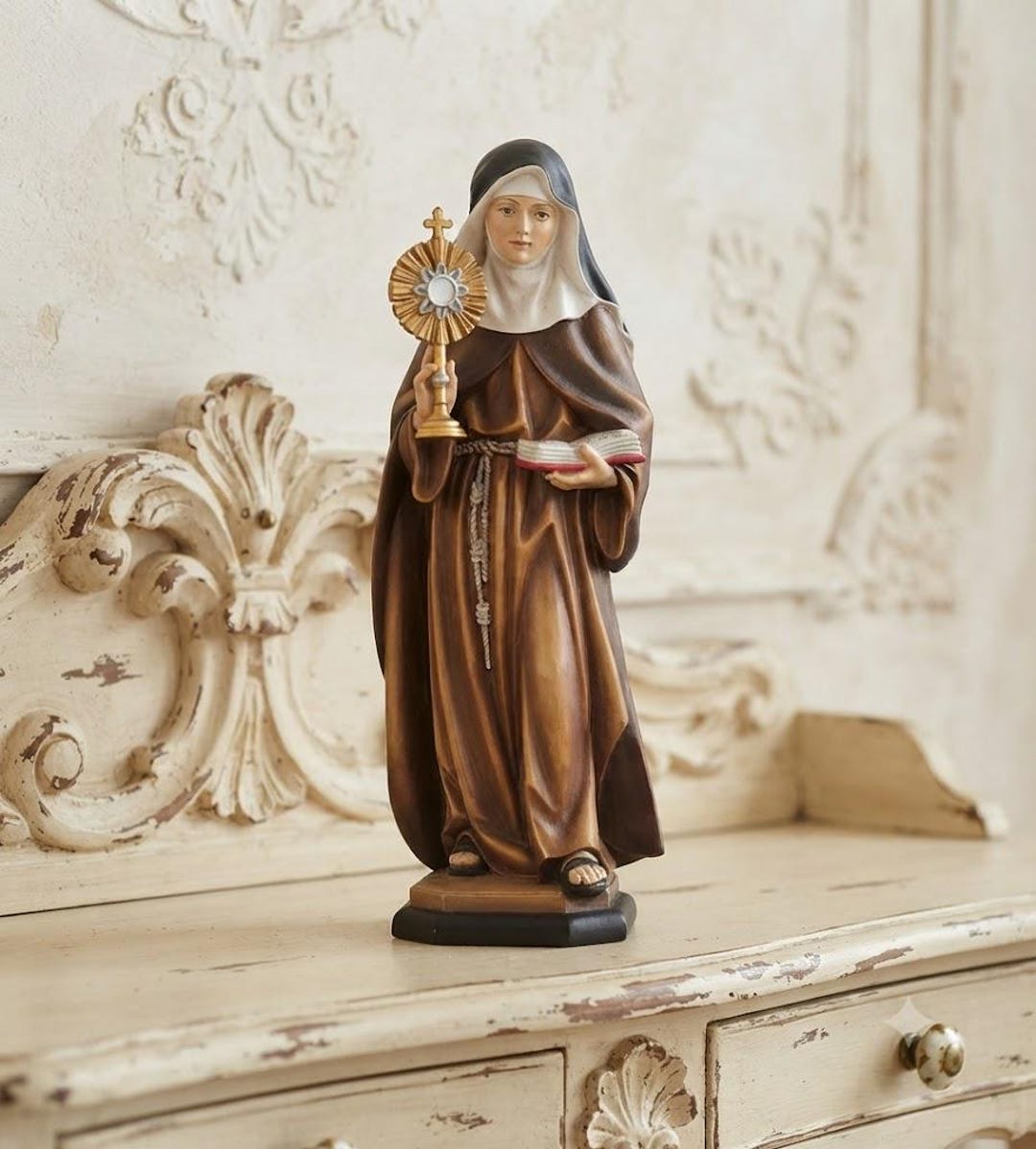 Statue of Saint Clare of Assisi Carved From Valgardena Wood and