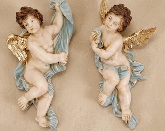Wall angels cm 30 X 15 (11.81 X 5.90 inches) in resin decorated by hand, artisanal production for exteriors and interiors