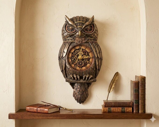Steampunk style owl pendulum clock sculpture, 31 cm (12.20 inches) in bronzed resin marble, handcrafted in Italy