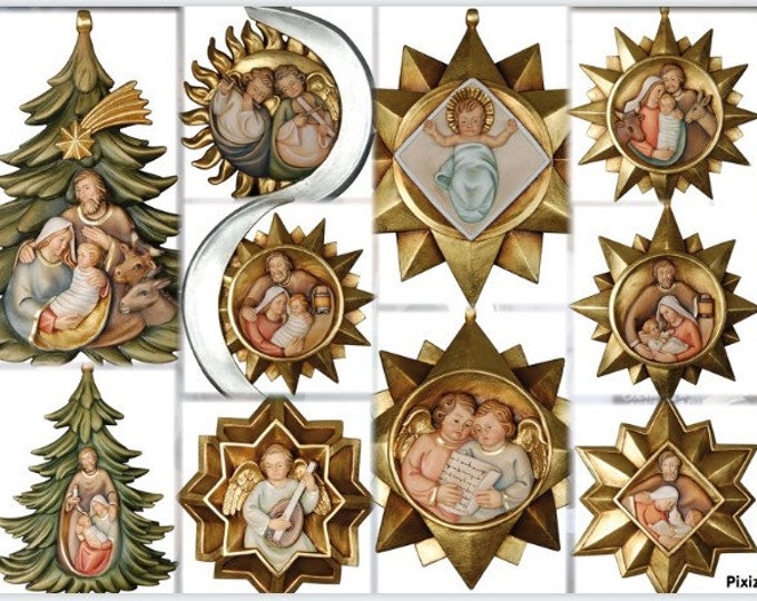 Set of Christmas decorations to hang, carved in Valgardena wood and decorated by hand, of Italian artisan production
