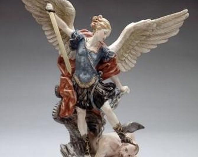 Statue of Saint Michael the Archangel cm 38 (14.96 inches) in alabaster powder, wooden base, hand decorated, made in Italy