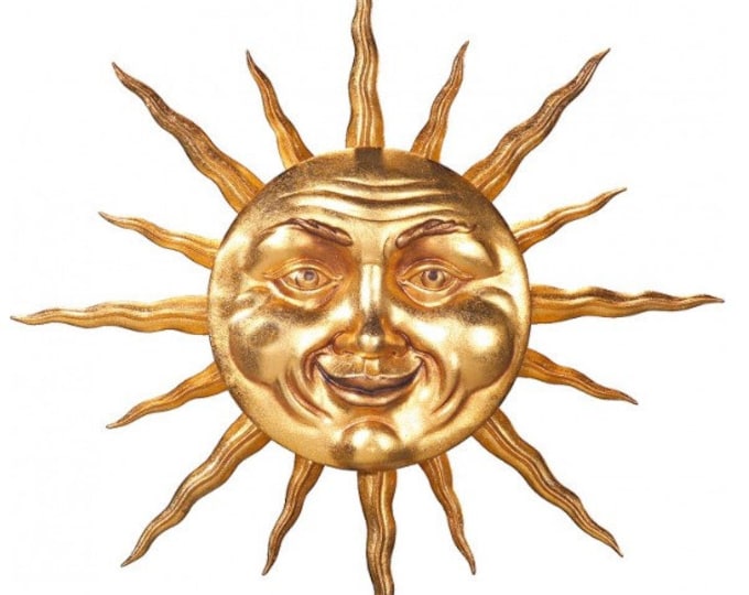 Hanging sun sculpture, carved in Valgardena wood and hand-decorated, of Italian artisan production