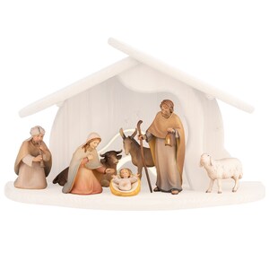 Complete nativity scene 8 pieces (without stable) carved in Valgardena wood, decorated by hand, various sizes, Italian artisan production