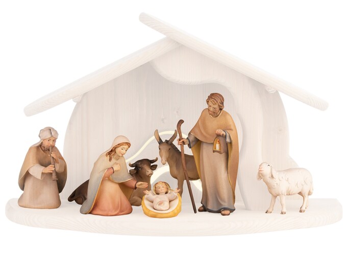 Complete nativity scene 8 pieces (without stable) carved in Valgardena wood, decorated by hand, various sizes, Italian artisan production