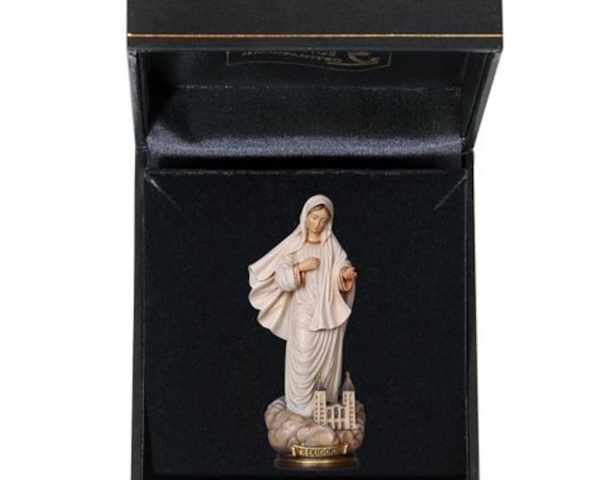 Statue of Our Lady of Medjugorje with deluxe case carved in wood from Valgardena and hand-decorated with Italian handicraft production