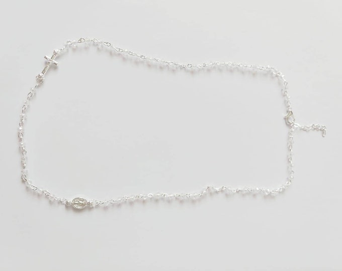Rosary necklace with adjustable hook white crystal grains of Italian craftsmanship