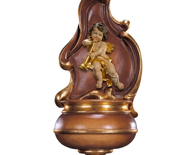 Holy water stoup with angel, carved in Valgardena wood decorated by hand with oil and gold leaf colors, of Italian production