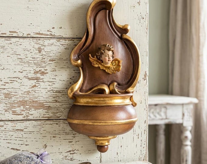 Holy water stoup with angel, carved in Valgardena wood, hand-decorated with oil colors and gold leaf, made in Italy