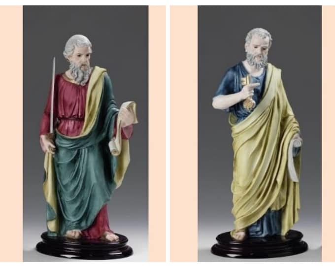 Pair of Statues of Saint Peter and Saint Paul, cm 43 (16.92 inches) in alabaster powder, wooden base, handcrafted, made in Italy