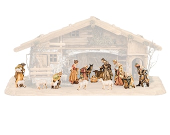 Complete nativity scene 15 pieces (without stable) carved in Val Gardena wood, hand decorated, various sizes, Italian artisan production