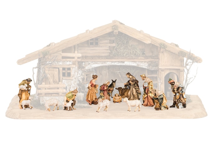 Complete nativity scene 15 pieces (without stable) carved in Val Gardena wood, hand decorated, various sizes, Italian artisan production