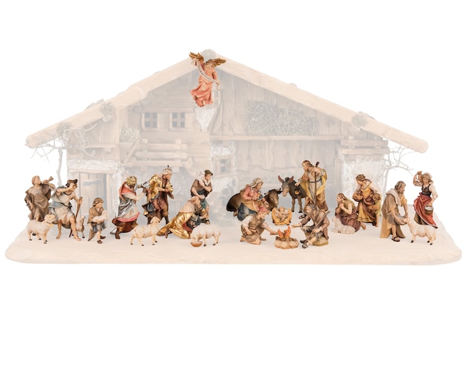 Complete nativity scene 25 pieces (without stable) carved in Valgardena wood, decorated by hand, various sizes, Italian artisan production