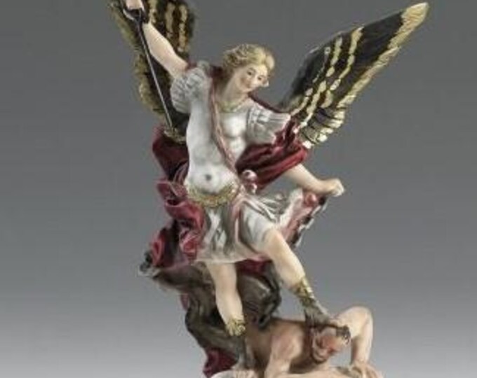 Statue of Saint Michael the Archangel cm 31 (12.20 inches) in alabaster powder, wooden base, hand decorated, made in Italy