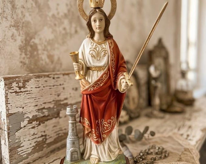 Statue of Saint Barbara cm 38 x 15,5 (14,96 x 6,10 inches) in marble resin full decorated by hand of artisan production