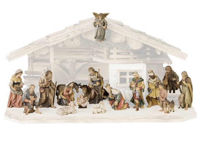 Complete nativity scene 18 pieces (without stable) carved in Valgardena wood, decorated by hand, various sizes, Italian artisan production
