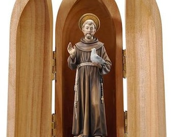 Statue of St. Francis with niche, carved in wood from Valgardena and decorated by hand of Italian artisan production