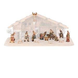 Complete nativity scene 17 pieces (without stable) carved in Val Gardena wood, hand decorated, various sizes, Italian artisan production