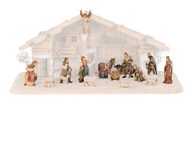 Complete nativity scene 17 pieces (without stable) carved in Val Gardena wood, hand decorated, various sizes, Italian artisan production