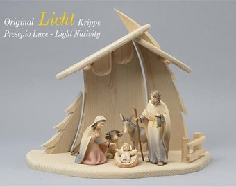 Nativity scene carved in Valgardena wood and decorated by hand, 5 pieces with hut, various sizes available, Italian artisan production
