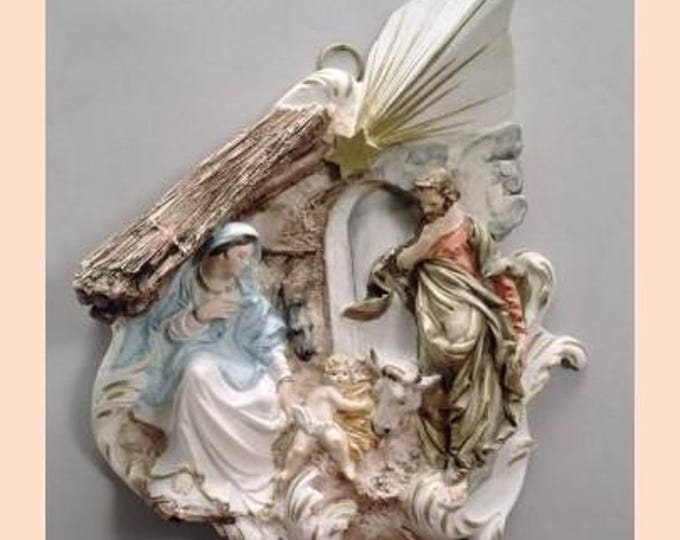 Nativity Plaque, Holy Family cm 47 (18.50 inches) in alabaster powder decorated by hand, Italian artisan production