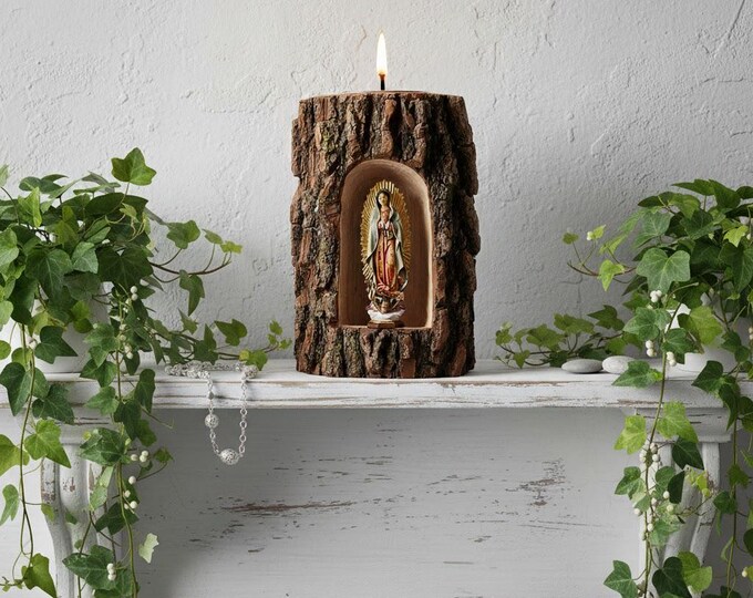 Statue of Our Lady of Guadalupe in an elm cave and candle carved from Valgardena wood, handcrafted in Italy.
