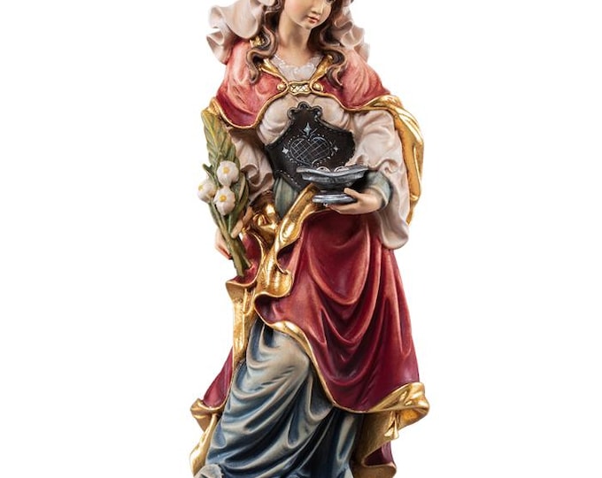 Statue of Saint Lucy carved from Valgardena wood and hand-decorated, handcrafted in Italy.