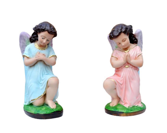 Pair of angels in adoration cm 18 (7.08 inches) in hand-decorated resin of Italian artisan production