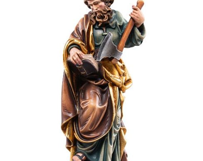 Statue of Saint Matthias carved from Valgardena wood and hand-decorated, handcrafted in Italy.