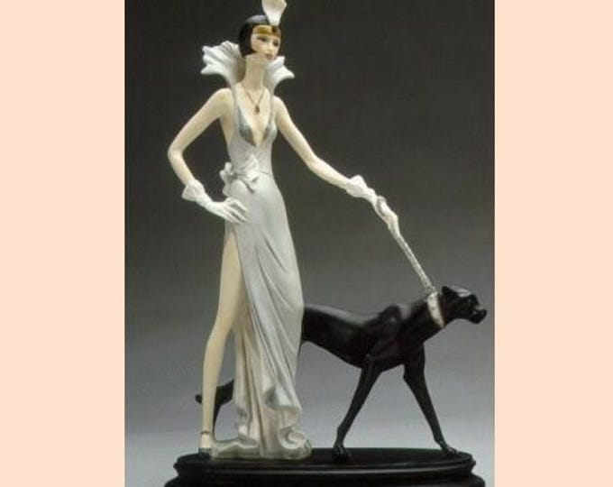 Liberty Style Sculpture Lady with Puma, cm 46 x 28 (18.1 x 11 inch) in alabaster powder, wooden base, hand painted, made in Italy